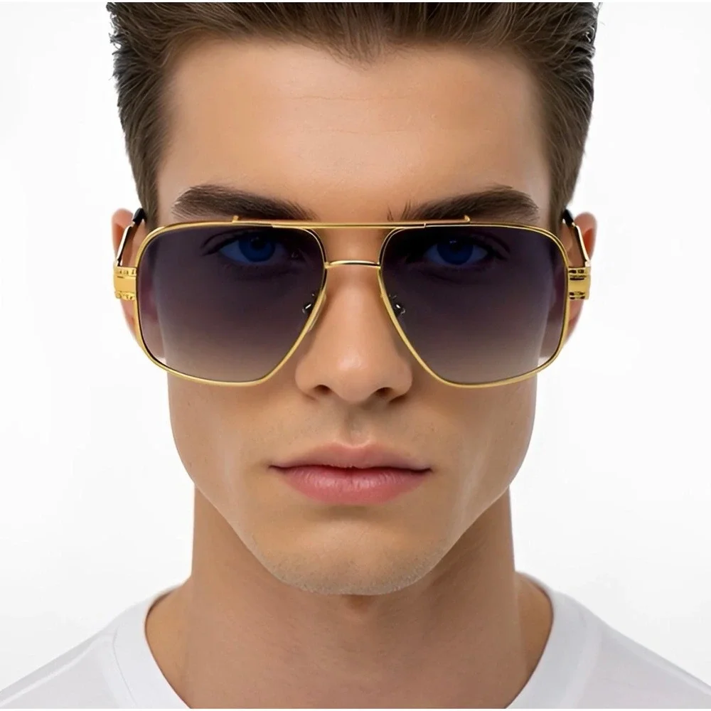 Mens Gold Square Aviator Sunglasses Bold‎ Shaped Sophisticated Classy 80's 90's